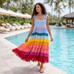 Crown & Ivy Rainbow Tiered Ruffle Midi Dress Dopamine Dressing Maximalist S Boho